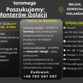 Ogłoszenie - Monter izolacji – praca za granicą! - Warszawa - 85,00 zł