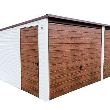Ogłoszenie - GARAŻ BLASZANY 6m x 6m poziom - spad tył 2x Brama uchylna - ciemny orzech + biały - dodatkowe drzwi TS252 - Bełchatów - 12 300,00 zł