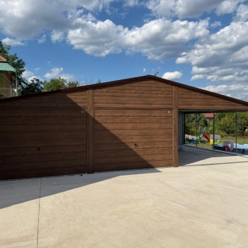 Ogłoszenie - Garaż blaszany 6×5m z wiatą 5x5m dach dwuspadowy, Ciemny Orzech