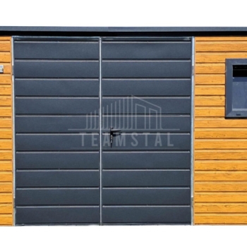 Ogłoszenie - Schowek - domek ogrodowy 4,5x3m + wiata 0,5m - brama - drzwi - 2x okno - jasny orzech - drewnopodobny - dach TS1101