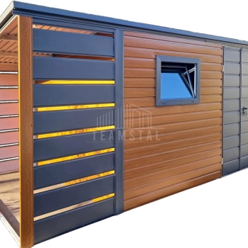 Ogłoszenie - Schowek - domek ogrodowy 4x2,5m + wiata 1m - brama dwuskrzydłowa - jasny orzech - okno - drewnopodobny - dach TS1102