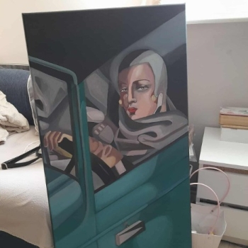 Ogłoszenie - Sprzedam obraz malowany ręcznie - Kobieta w zielonym bugatti - 100 na 50 cm