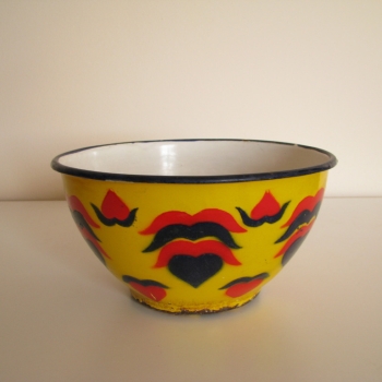 Ogłoszenie - Piękna, stara, metalowa, emaliowana na żółto miska we wzory