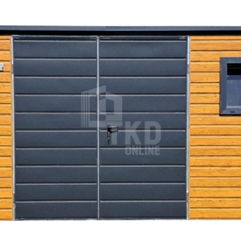 Ogłoszenie - Schowek domek ogrodowy 4,5x3m + wiata 0,5m brama drzwi 2x okno jasny orzech drewnopodobny dach spad w tył TKD389