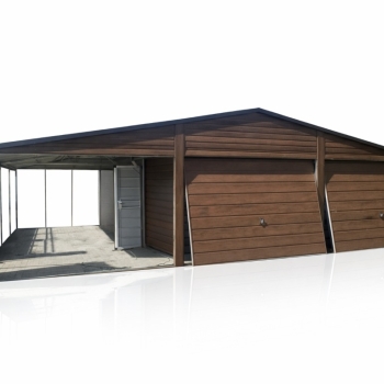 Ogłoszenie - Garaż blaszany dwustanowiskowy 6x7 z wiatą 3m Ciemny Orzech PREMIUM