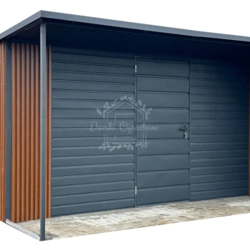 Ogłoszenie - Schowek - domek ogrodowy 4x3m - wiata 4x1m - antracyt - dach spad w tył - podbitka - zabudowa lamelami ID1077