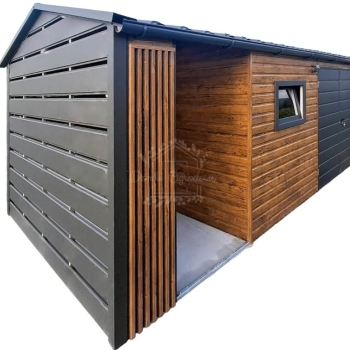 Ogłoszenie - Schowek - domek ogrodowy 4x2,5m - wiata 2m - brama - okno - jasny orzech - drewnopodobny - dekor z lameli - rynna ID1106