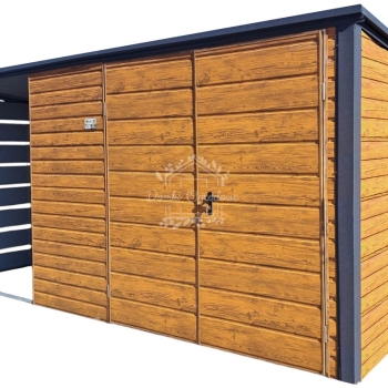 Ogłoszenie - Schowek - domek ogrodowy 3,5x2m + wiata 1,5m - Brama dwuskrzydłowa - jasny orzech - drewnopodobny - dach spad w tył ID97