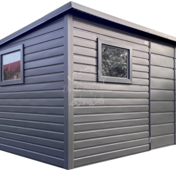 Ogłoszenie - Schowek - domek ogrodowy 4x3 m - brama dwuskrzydłowa - 2x okno - antracyt - dach spad do tyłu - rynna ID1112