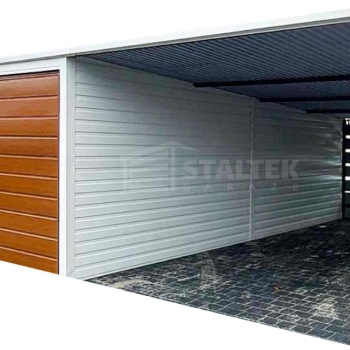 Ogłoszenie - Garaż blaszany 6x6 + wiata 3,5 2x Brama uchylna + biały + drewnopodobny spad w tył ST113