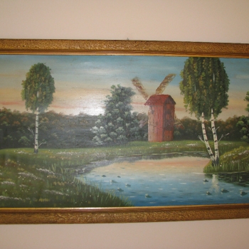 Ogłoszenie - Duży stary obraz olejny na płótnie 57x105 pejzaż wiejski z wiatrakiem