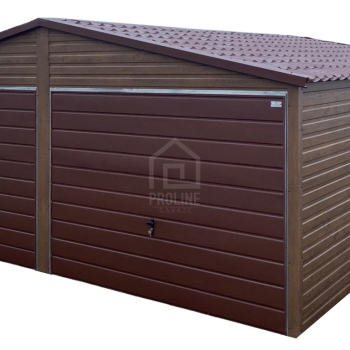 Ogłoszenie - Garaż blaszany 6x5,8m - 2x brama uchylna - ciemny orzech - drewnopodobny - blachodachówka - dach dwuspadowy PLG257