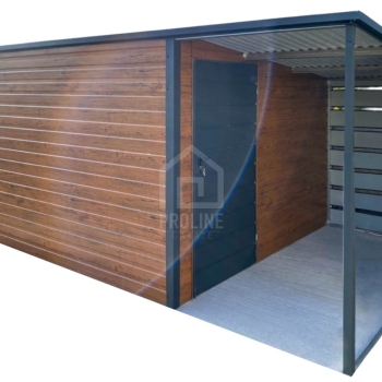 Ogłoszenie - Schowek - Domek ogrodowy 4x2m + wiata 1,5m drzwi okno ciemny orzech drewnopodobny - antracyt - dach spad w tył PLG261