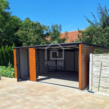 Ogłoszenie - Garaż blaszany 5x6m - Brama uchylna - drzwi - drewnopodobny złoty dąb - Dach spad w tył PLG198 - Katowice - 9 580,00 zł