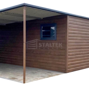 Ogłoszenie - Garaż blaszany 6,5x6m - 2x wiata - brama dwuskrzydłowa - okno - ciemny orzech - drewnopodobny - dach spad w tył ST246