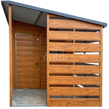 Ogłoszenie - Schowek - domek ogrodowy 2,5x4m + wiata 1,5 m - drzwi - jasny orzech - drewnopodobny - rynny - dach spad w bok  TS1154