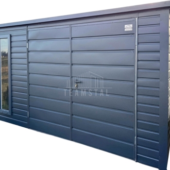 Ogłoszenie - Schowek - domek ogrodowy 3,5x4m + wiata 0,5m - brama dwuskrzydłowa - okno - antracyt - dach spad w tył - rynny TS1155