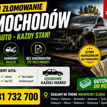 Ogłoszenie - Złomowanie aut osobowych i dostawczych z odbiorem - auto złom Małopolska, Śląsk - Małopolskie