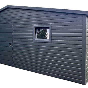 Ogłoszenie - Schowek domek ogrodowy 4,5x5m + wiata 1,5m - drzwi - okno - antracyt - rynny - dach dwuspadowy - blachodachówka ID1082 - Police - 13 200,00 zł