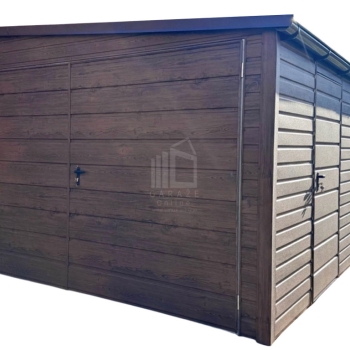 Ogłoszenie - Garaż blaszany 3,5x5m - brama dwuskrzydłowa - drzwi - okno - ciemny orzech - drewnopodobny - dach spad w bok ID1109 - Braniewo - 7 690,00 zł