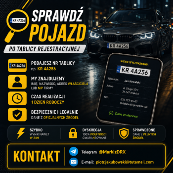 Ogłoszenie - Ustalenie właściciela pojazdu po tablicy – Szybka pomoc - Pomorskie - 450,00 zł