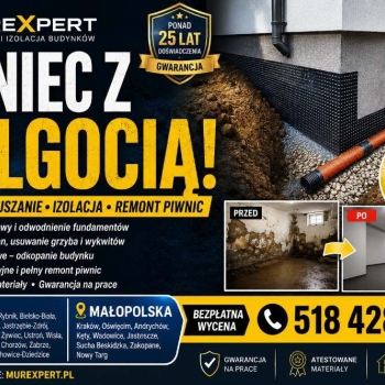 Ogłoszenie - Osuszanie budynków, izolacja fundamentów, iniekcja krystaliczna, podcinanie ścian Śląsk / Małopolska - Śląskie