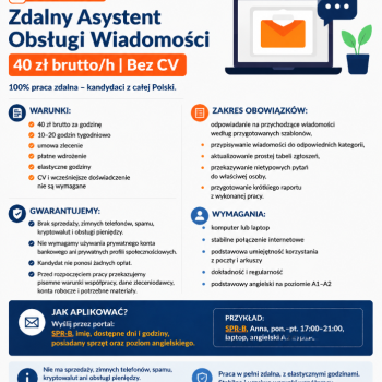 Ogłoszenie - Zdalny Asystent Obsługi Wiadomości – 40 zł brutto/h | Bez CV