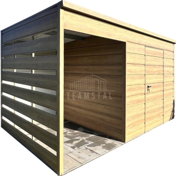 Ogłoszenie - Schowek domek ogrodowy 2x2m + wiata 1,5m - drzwi - winchester - drewnopodobny - dach spad w tył TS1160