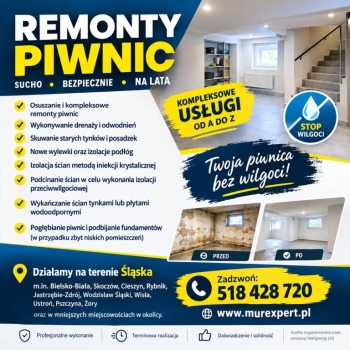 Ogłoszenie - Osuszanie i remonty piwnic, pogłębianie i podbijanie fundamentów Śląsk/Małopolska